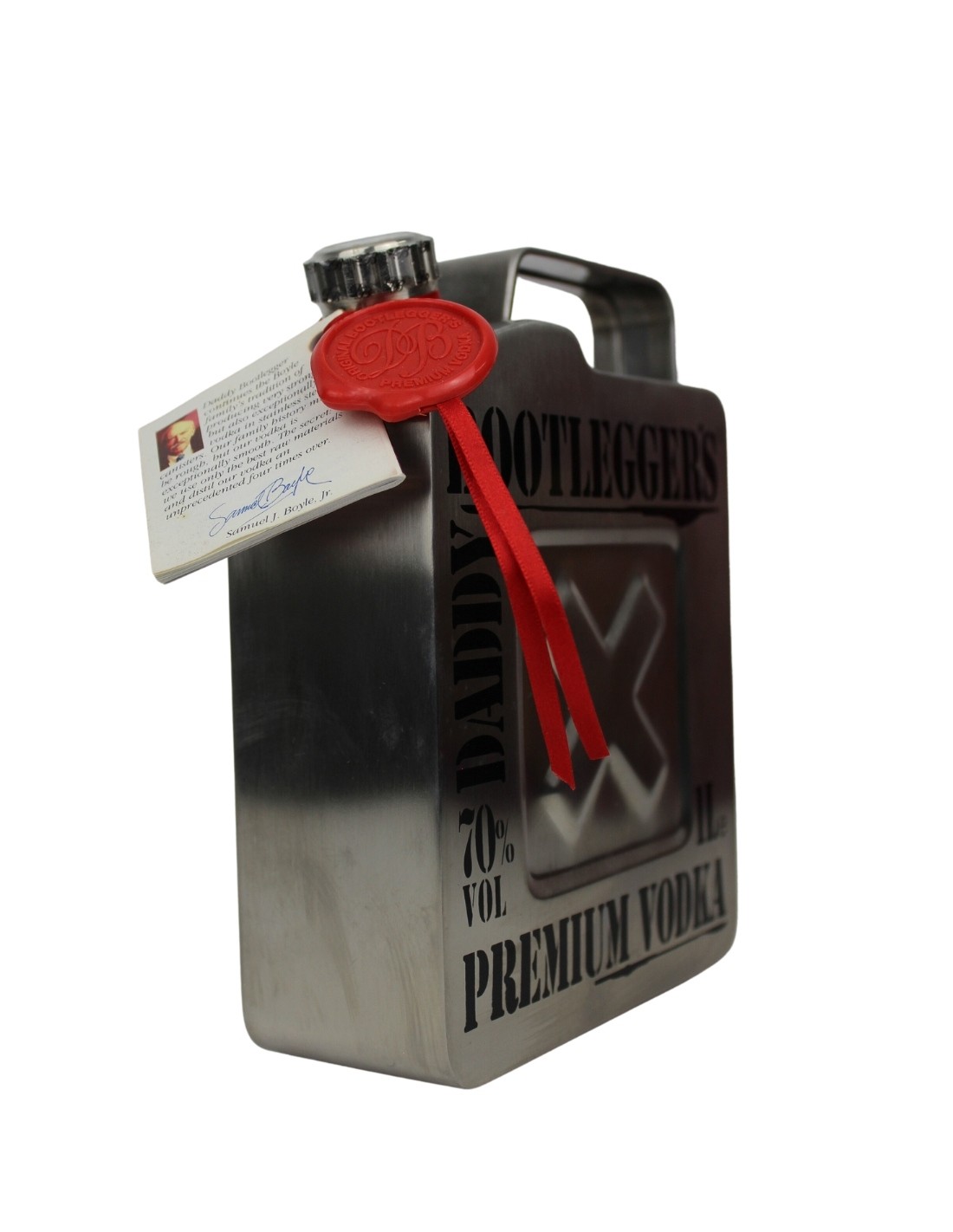 Daddy Bootlegger's Premium Vodka in hand-made stainless steel canister